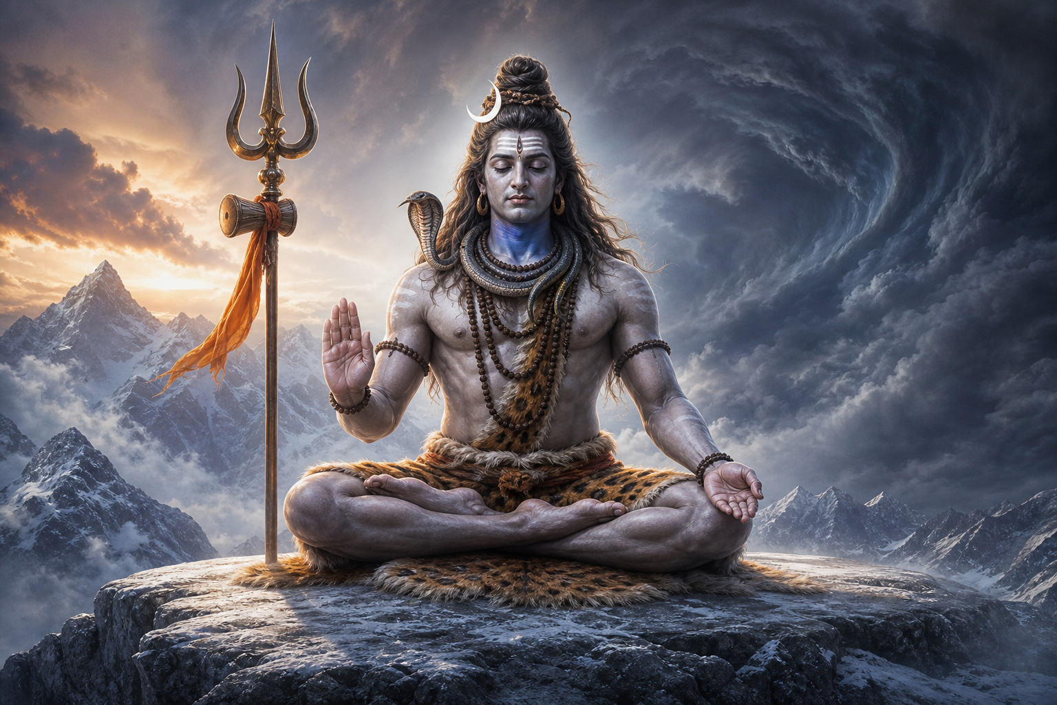 Ash-covered Shiva meditates on a Himalayan ledge with a cobra, rudraksha beads, blue throat, crescent moon, trident, and raised hand as storm clouds gather beyond him.