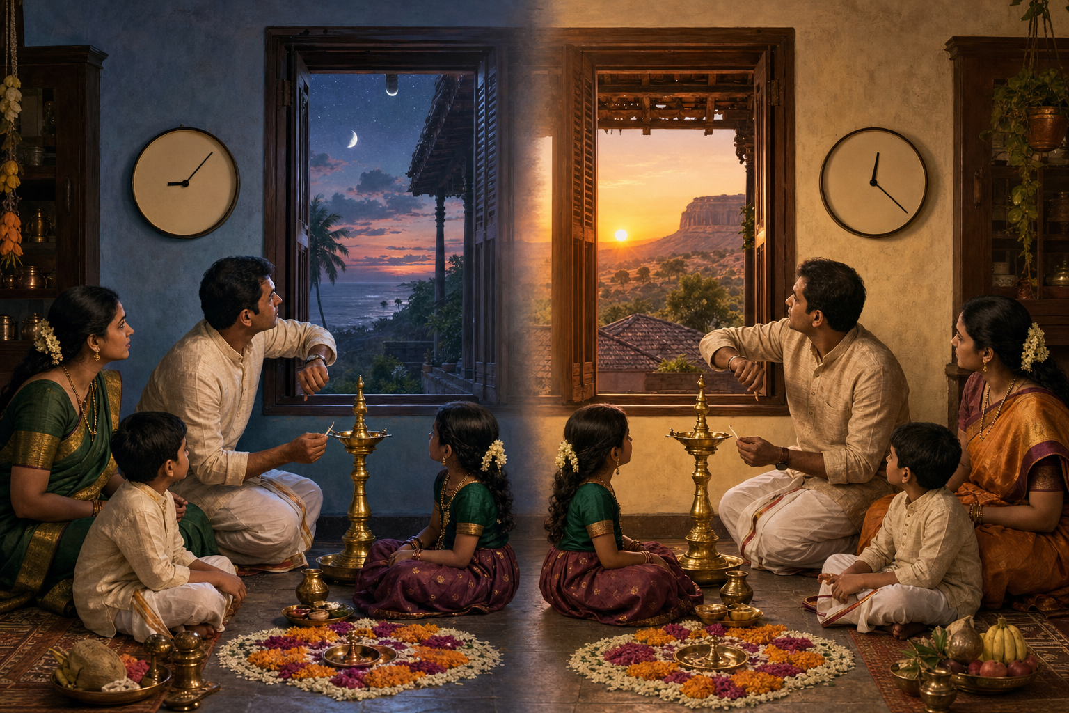 Two ceremony settings in coastal and inland landscapes show different sunrise light and different positions on unlabeled clocks.