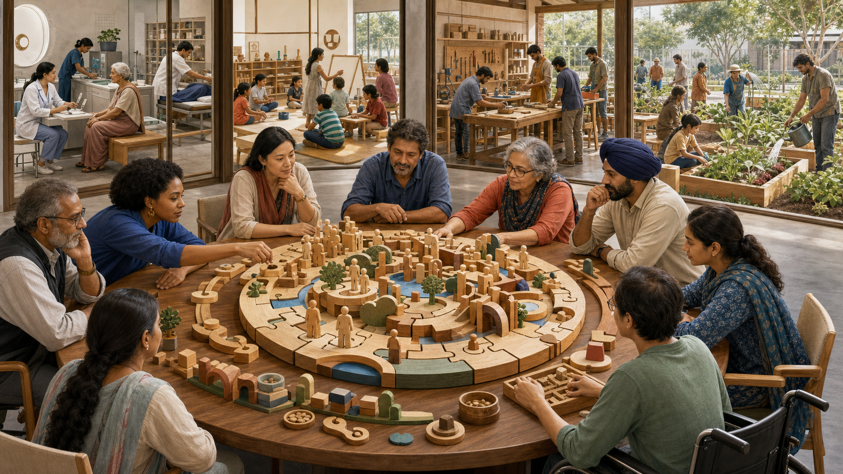 A multidisciplinary team tests an interlocking wooden model at a round table while staff carry coordinated work into a clinic, classroom, workshop, and garden.