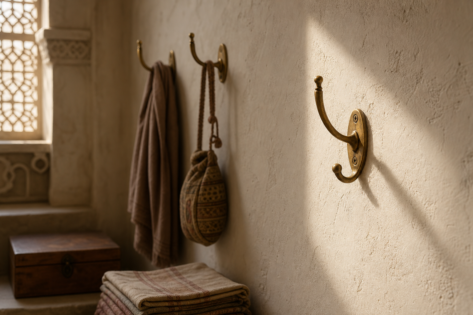 A sunlit empty brass wall hook appears beside occupied hooks in a quiet room with a folded cloth and wooden box.