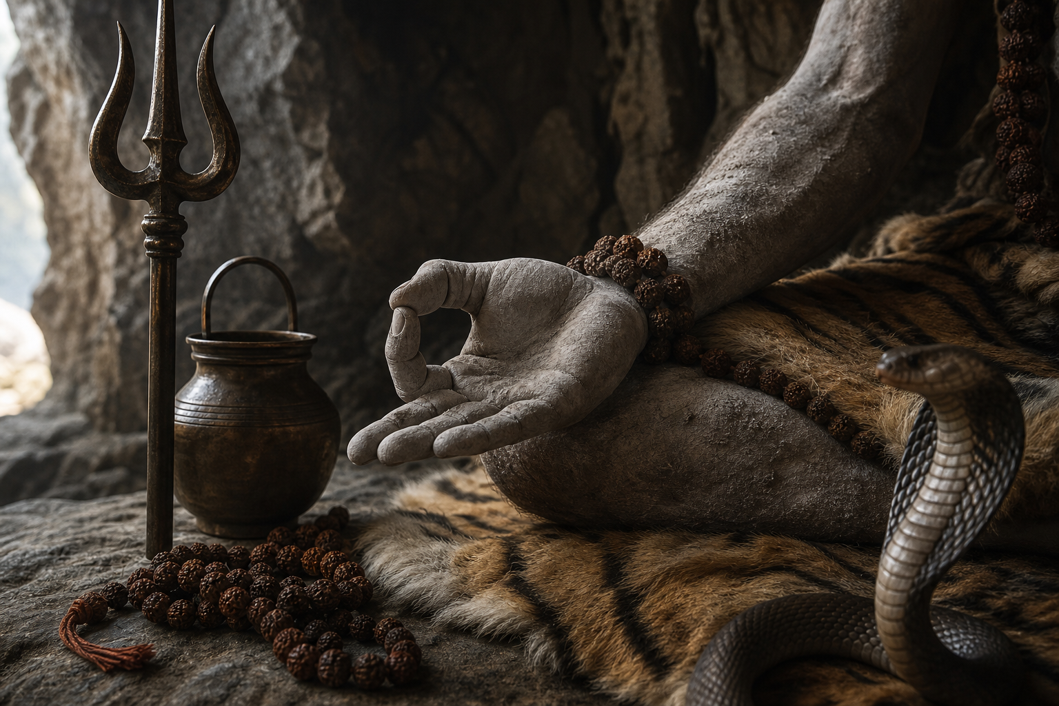 An ash-covered hand rests in meditation beside rudraksha beads, a water vessel, a trident, a tiger-skin seat, and a calm cobra inside a cave.
