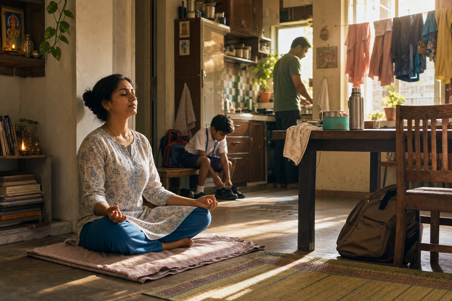 A householder meditates briefly on a mat in a compact apartment surrounded by a work bag, lunch, laundry, and family belongings.