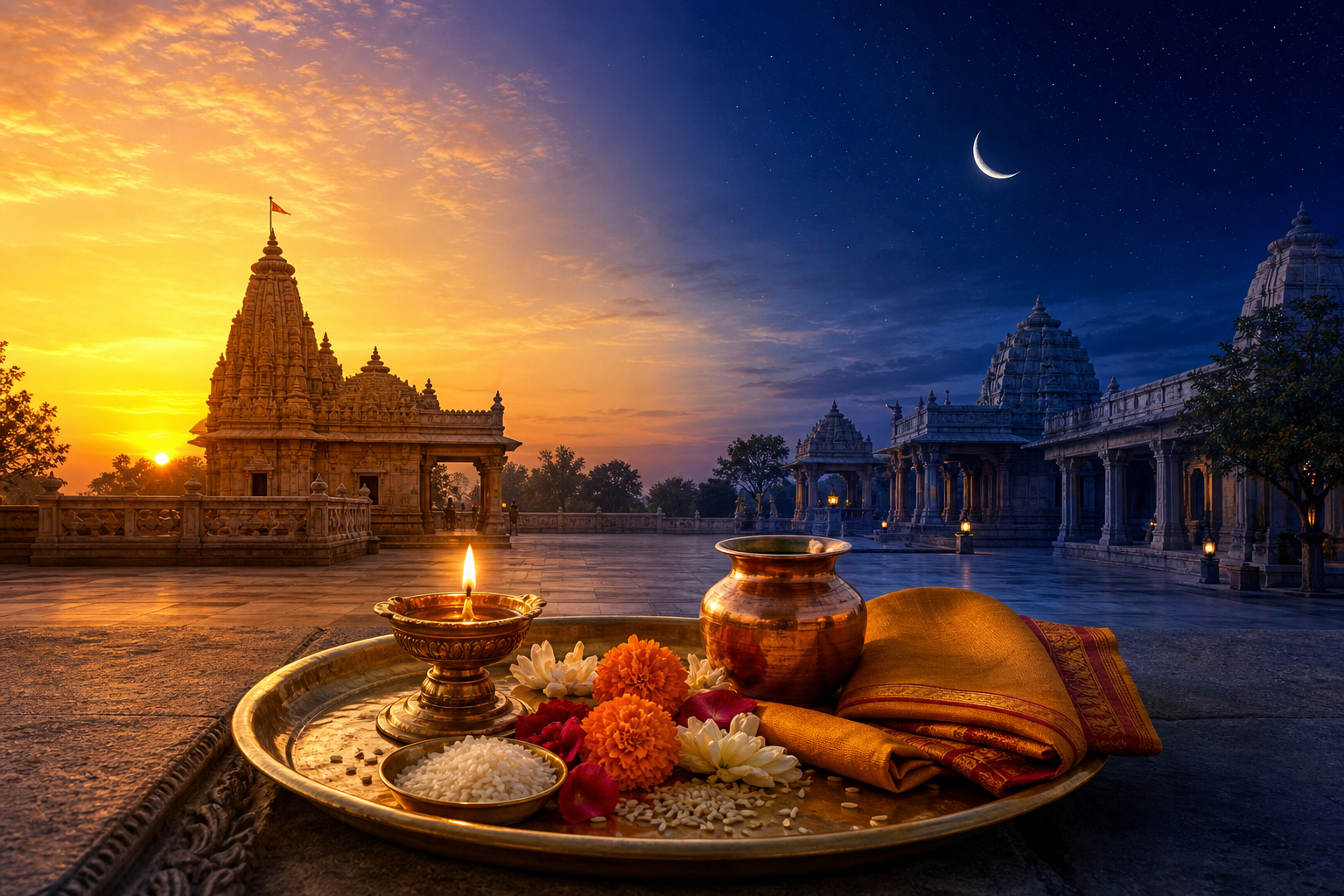 A brass puja tray with an oil lamp, flowers, rice, and a copper vessel in a temple courtyard transitioning from sunrise to a moonlit night.