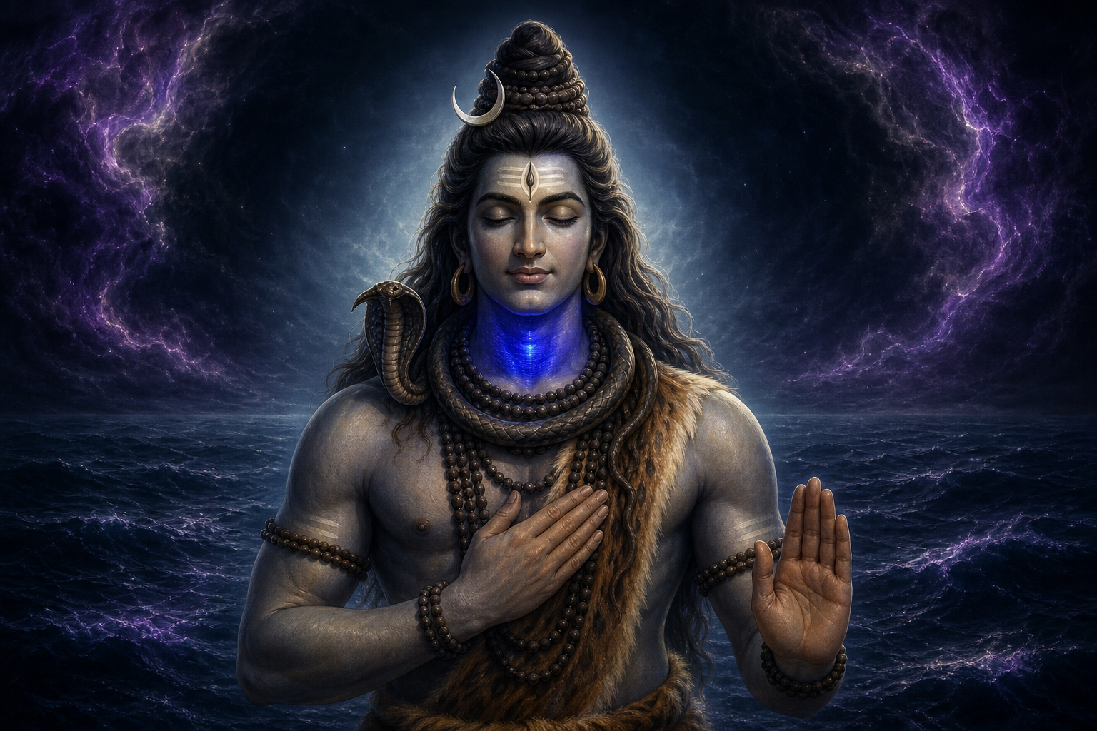 Serene Shiva stands before a turbulent cosmic ocean with an indigo glow contained in his blue throat and one hand held open.