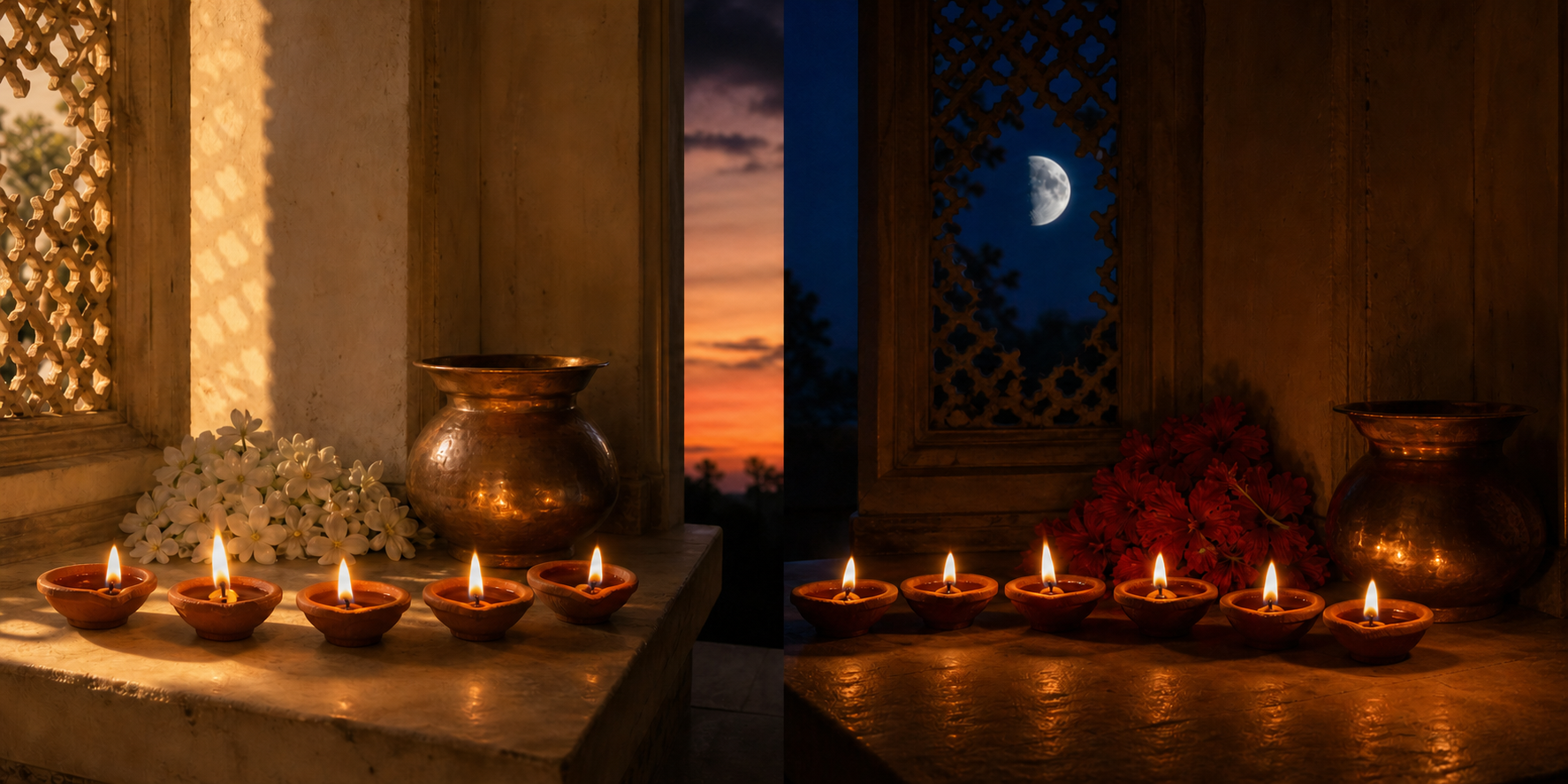 A home ritual space shown before and after nightfall, with five lamps in the daylight scene and six lamps in the moonlit scene.
