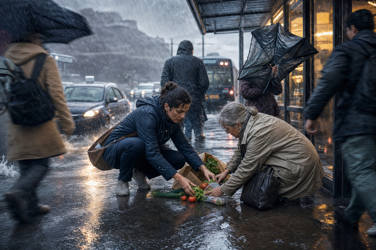 In heavy rain at a crowded bus shelter, one person calmly helps an older stranger collect groceries spilled on the wet pavement.