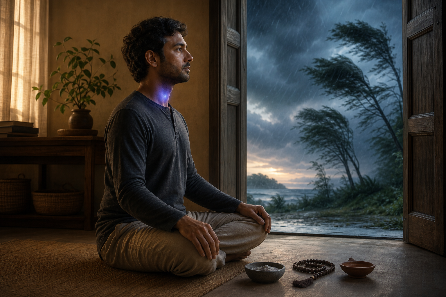 A person meditates beside ash, rudraksha beads, and a clay lamp in a calm room while a storm moves through the landscape outside the open doorway.