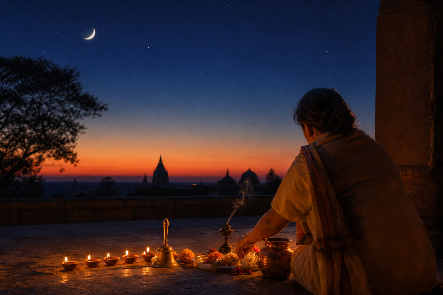 A devotee prepares flowers and oil lamps in a courtyard as orange twilight changes into a moonlit blue evening.