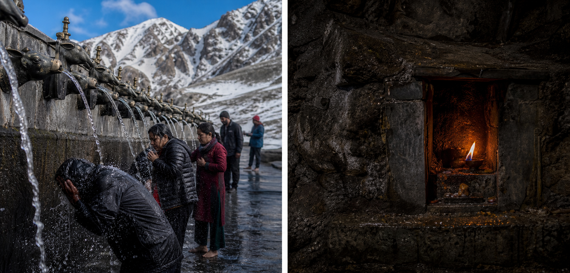 A split scene shows mountain water flowing from metal spouts on one side and a small sacred flame glowing in a stone shrine niche on the other.