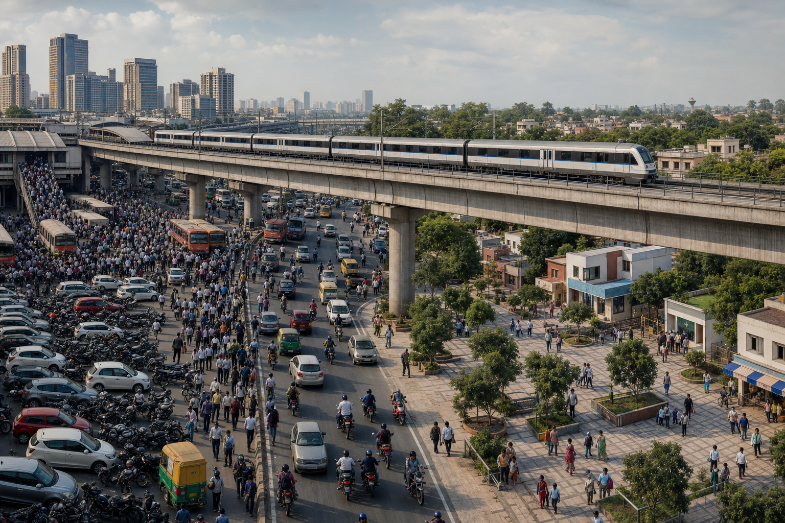 Two contrasting station areas show commuters traveling toward a distant metropolis on one side and accessing nearby homes, jobs, schools, and services on the other.