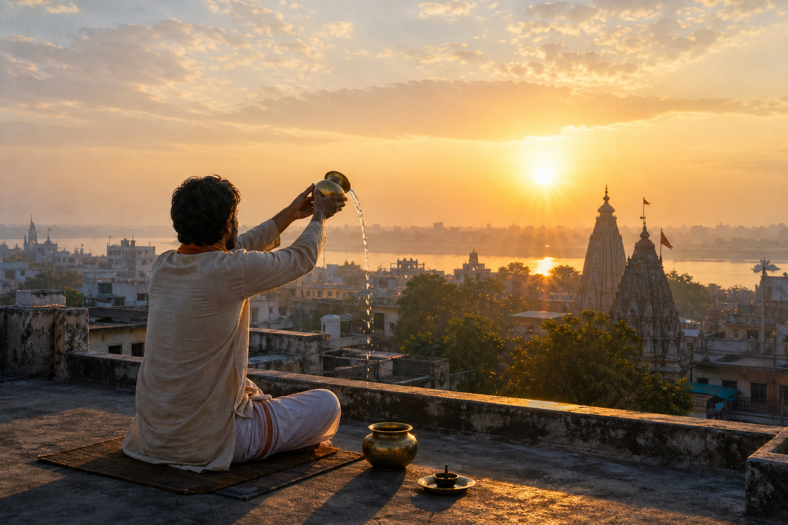 A person offers water toward the rising sun from a city rooftop overlooking temples, homes, trees, and a distant river.