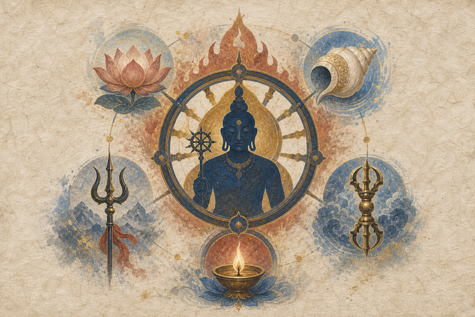 A symbolic guardian figure is surrounded by a wheel, lotus, conch, trident, vajra, flame halo, and offering lamp in a balanced radial illustration.