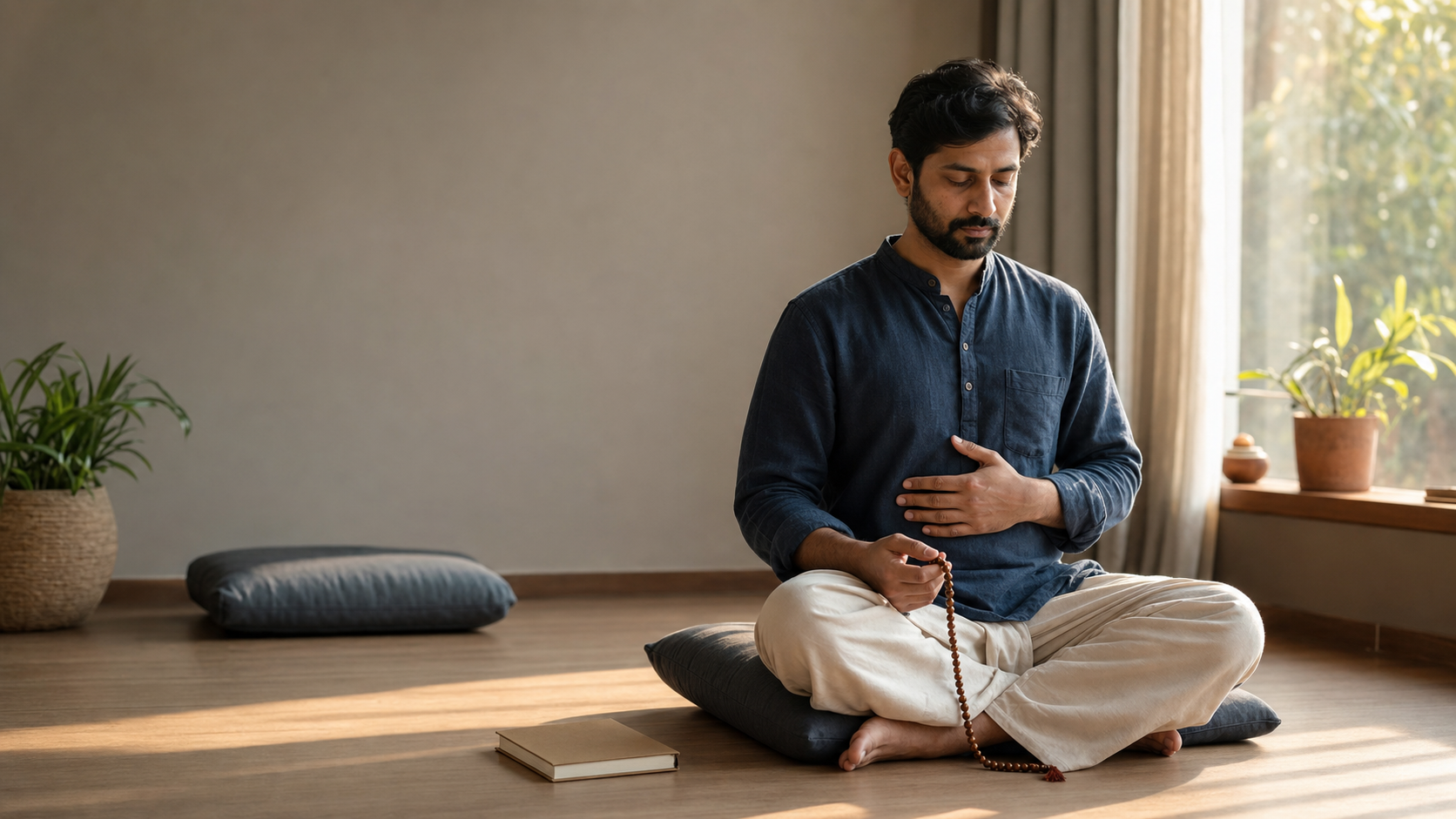 A person sits on a cushion at dawn with one hand on their ribs and the other holding wooden mala beads.