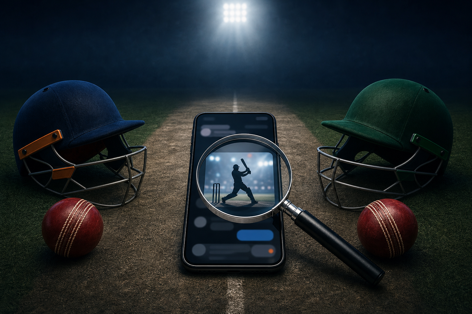 A magnifying glass rests over a smartphone with blurred message blocks on a cricket pitch, flanked by two unbranded helmets in contrasting color accents.