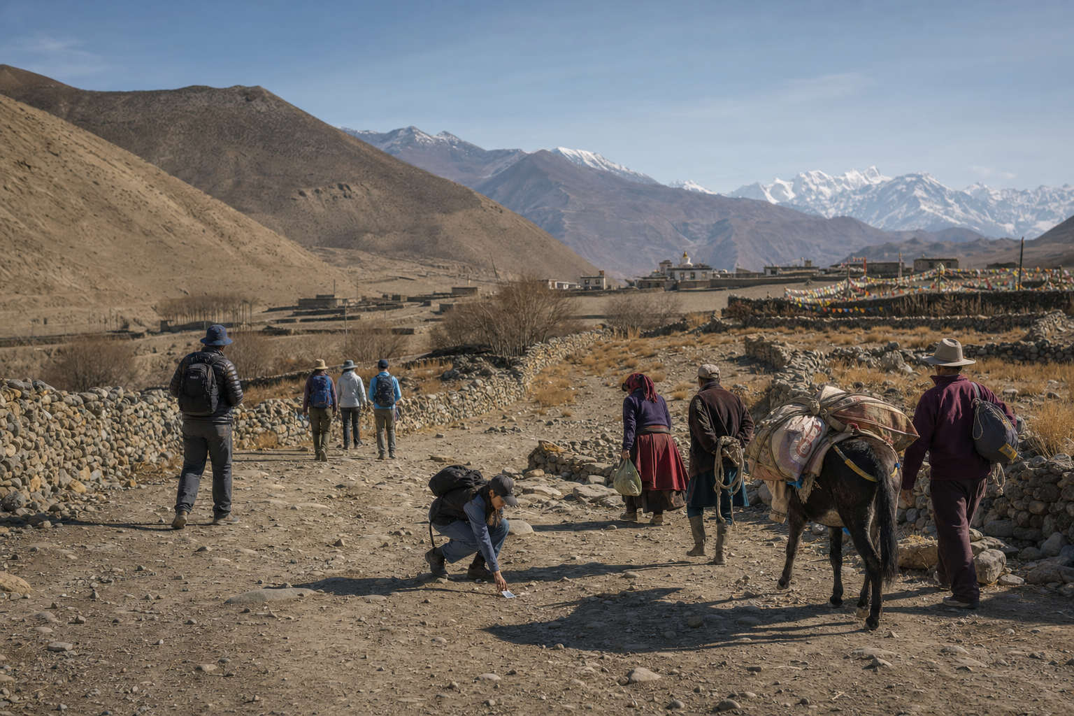 Respectfully dressed pilgrims walk along a stone path through the arid Mustang landscape toward the distant Muktinath sanctuary.