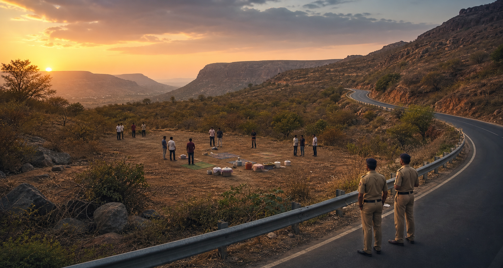 A dusk view of a Deccan hillside and road, with a small cleared gathering area, several distant adults, and two police officers near the roadside.