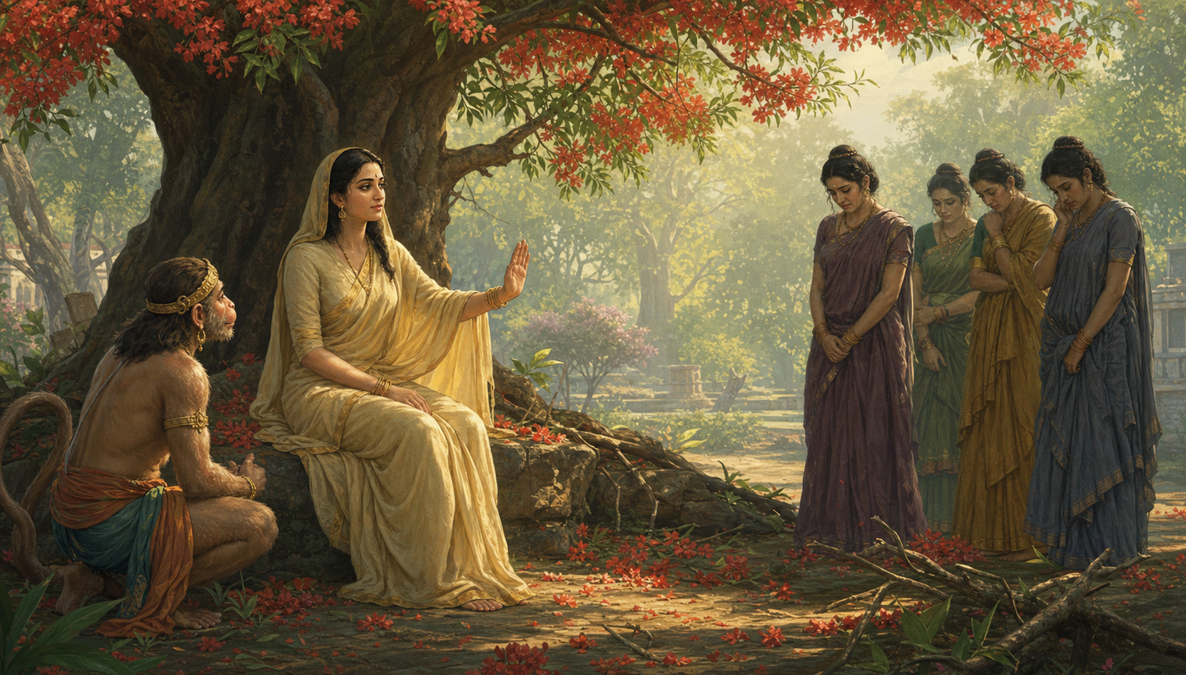 Sita raises a protective hand in the Ashoka grove as Hanuman listens and several attendants stand behind her.