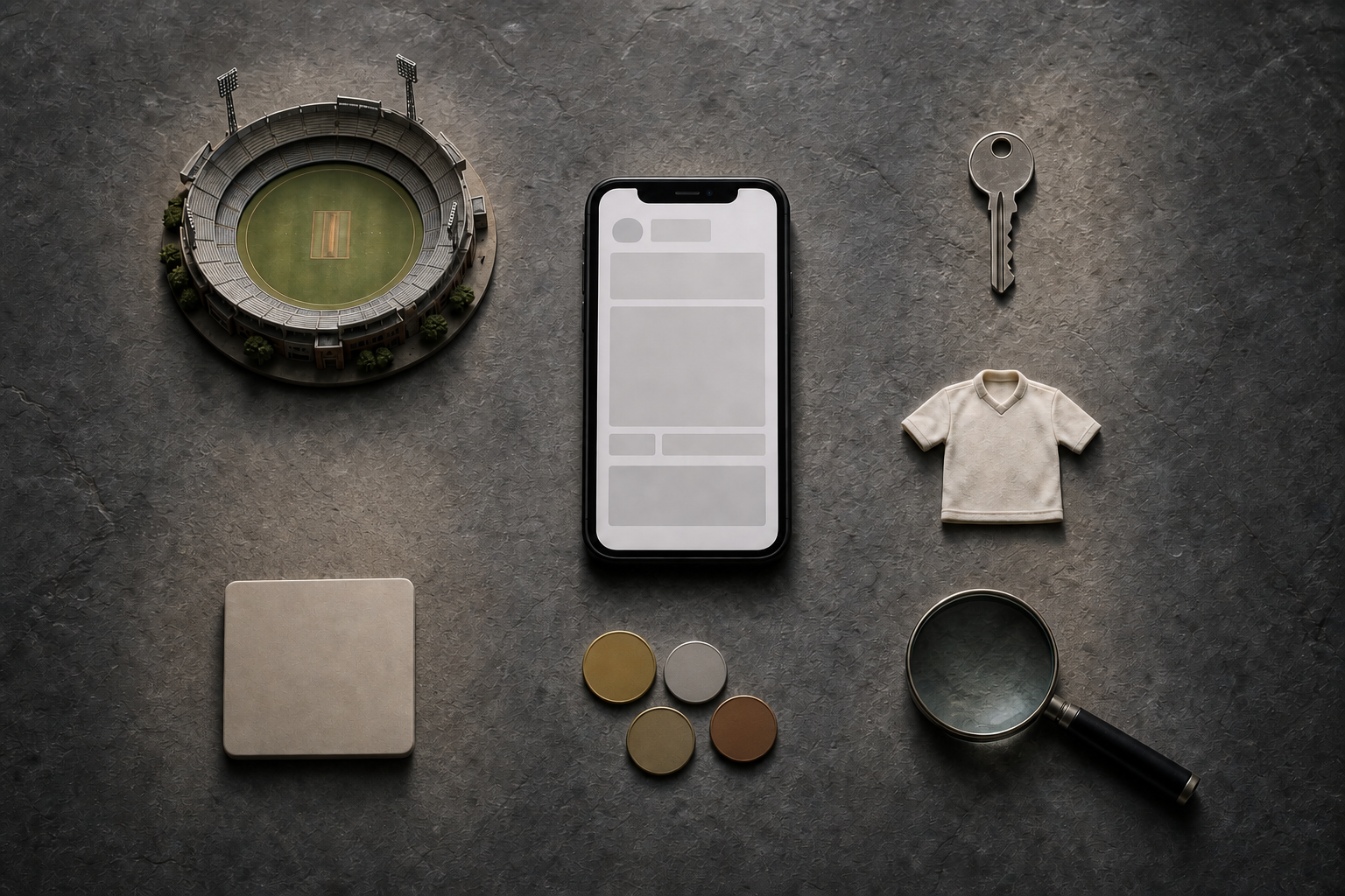 A smartphone with an unreadable post is surrounded by separate objects representing a cricket team, ownership, player recruitment, money and timing.