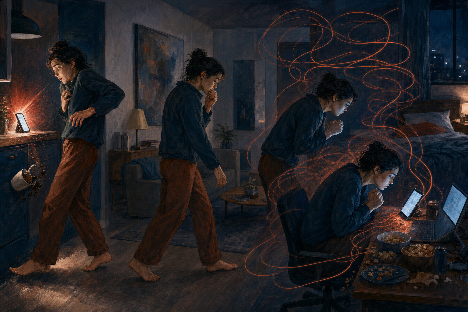 An illustration shows a person startled by a phone notification and later hunched over glowing devices beside an unused bed.