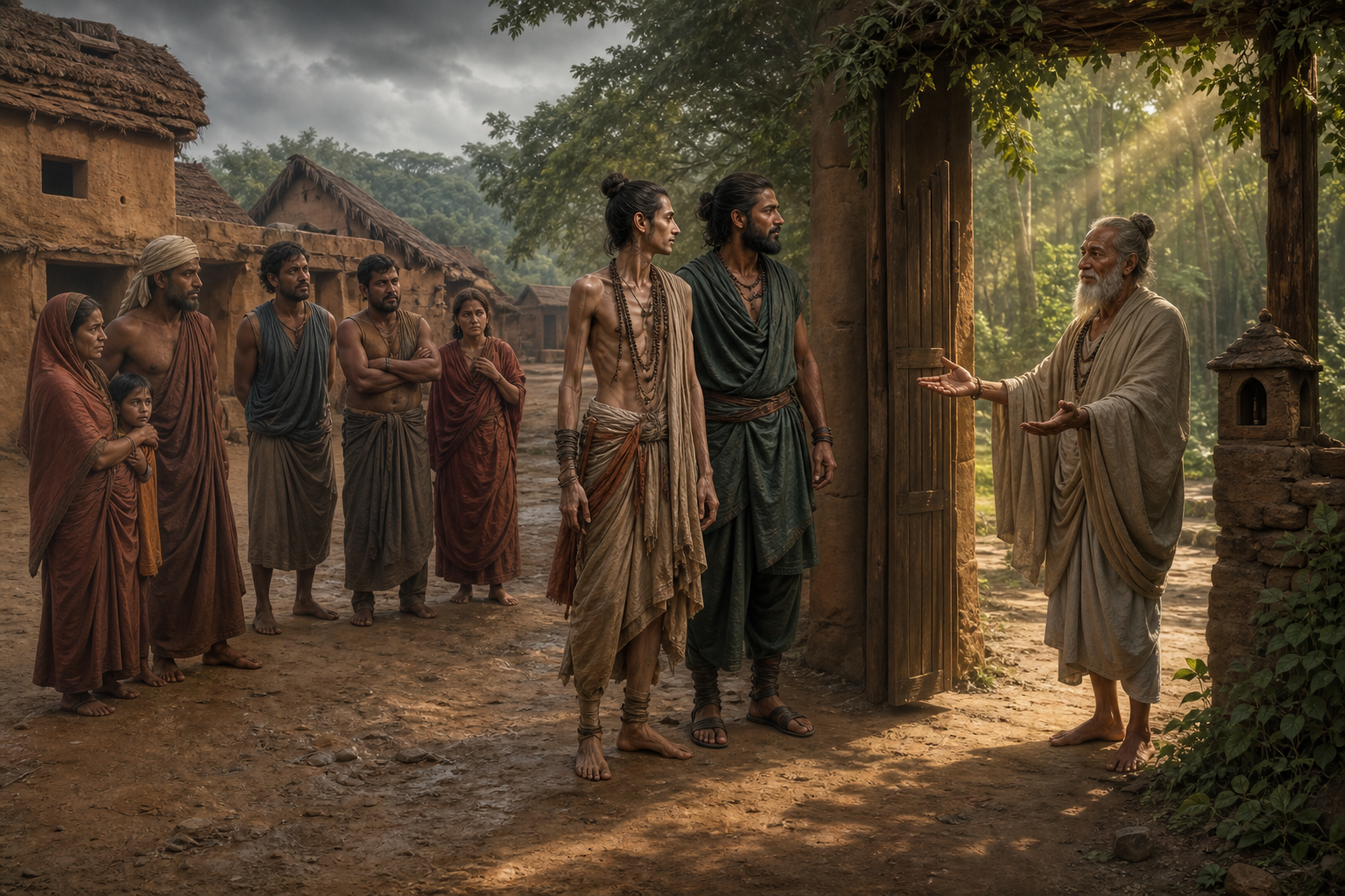 Betal stands beside Bhairava as villagers keep their distance and an elder welcomes the pair into a forest sanctuary.