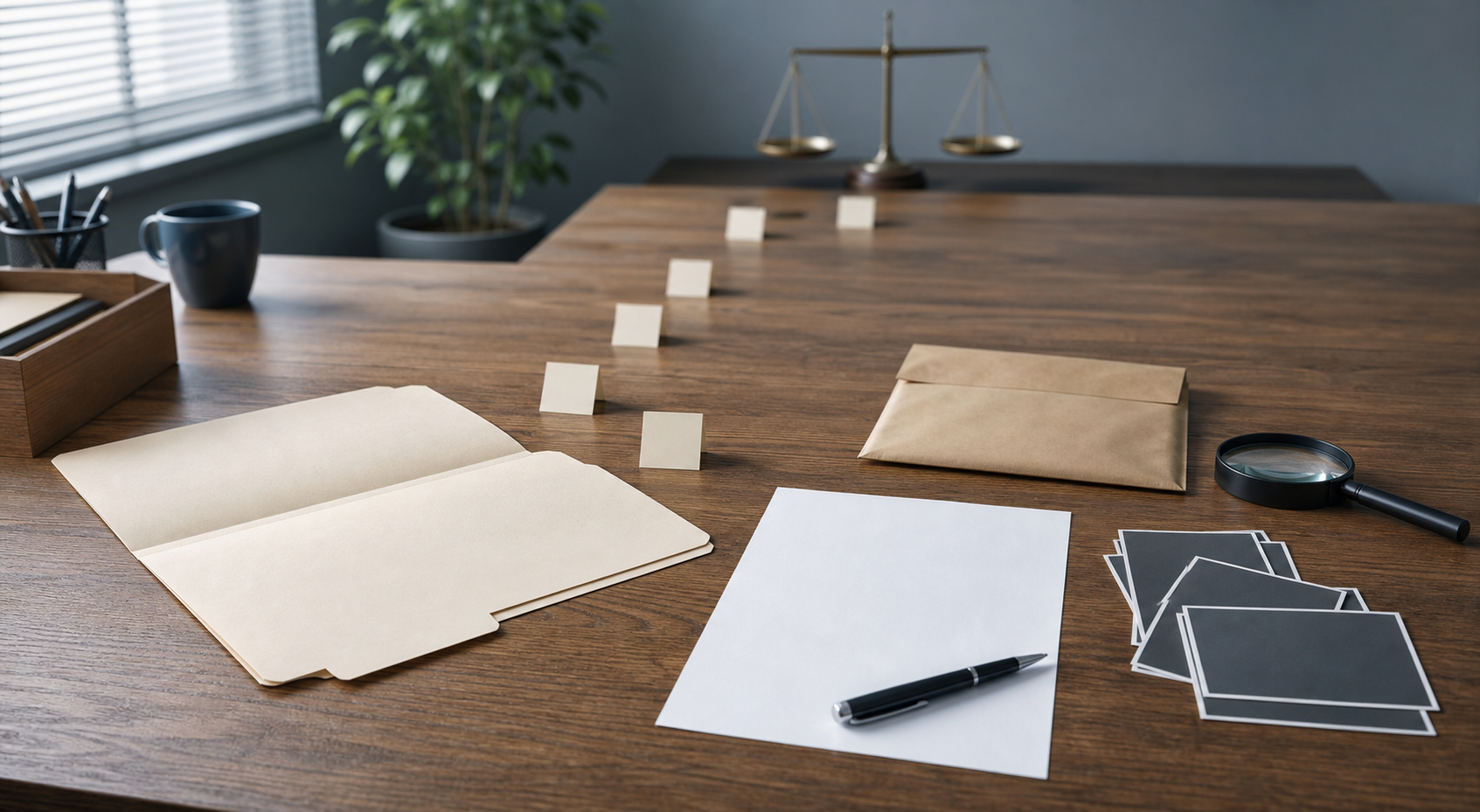 An investigator's desk with an open unmarked file, blank papers, an evidence envelope, a magnifying glass, and a level balance scale in the background.