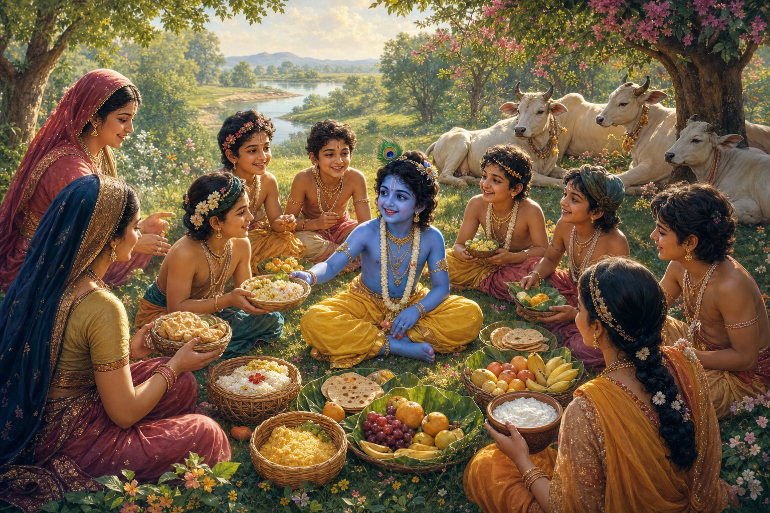 Krishna sits on the grass in Vraja sharing food with cowherd boys as devoted women bring baskets of dishes.