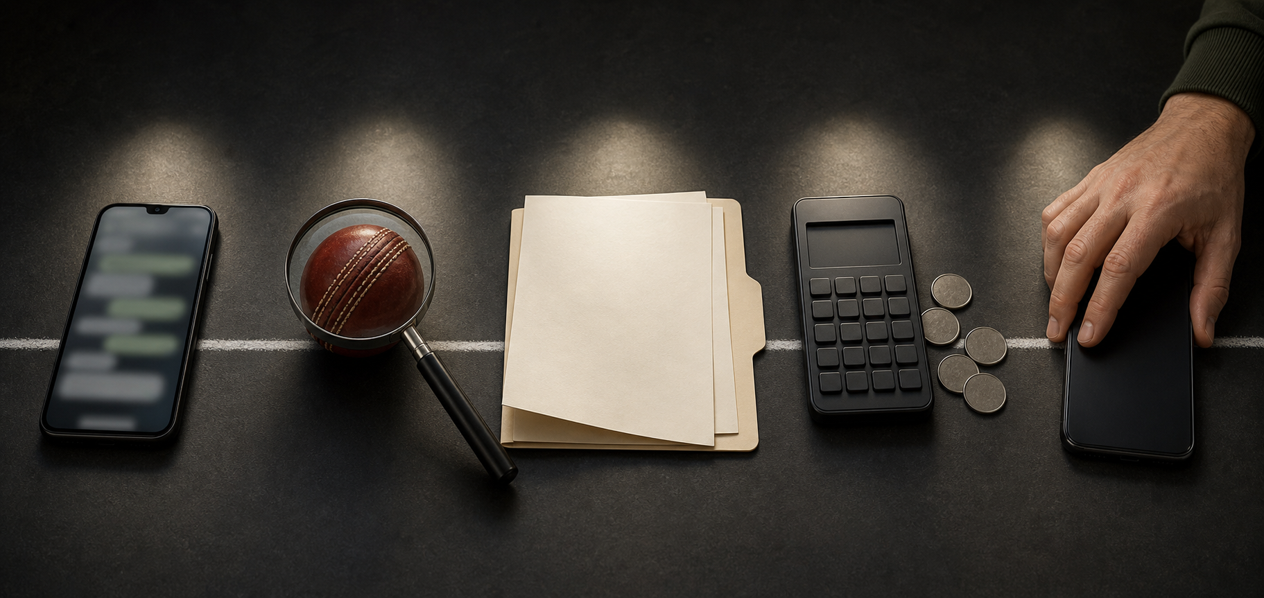 Five illuminated tabletop stations show a phone, magnifying glass, blank source papers, money-checking tools and a hand setting the phone aside.