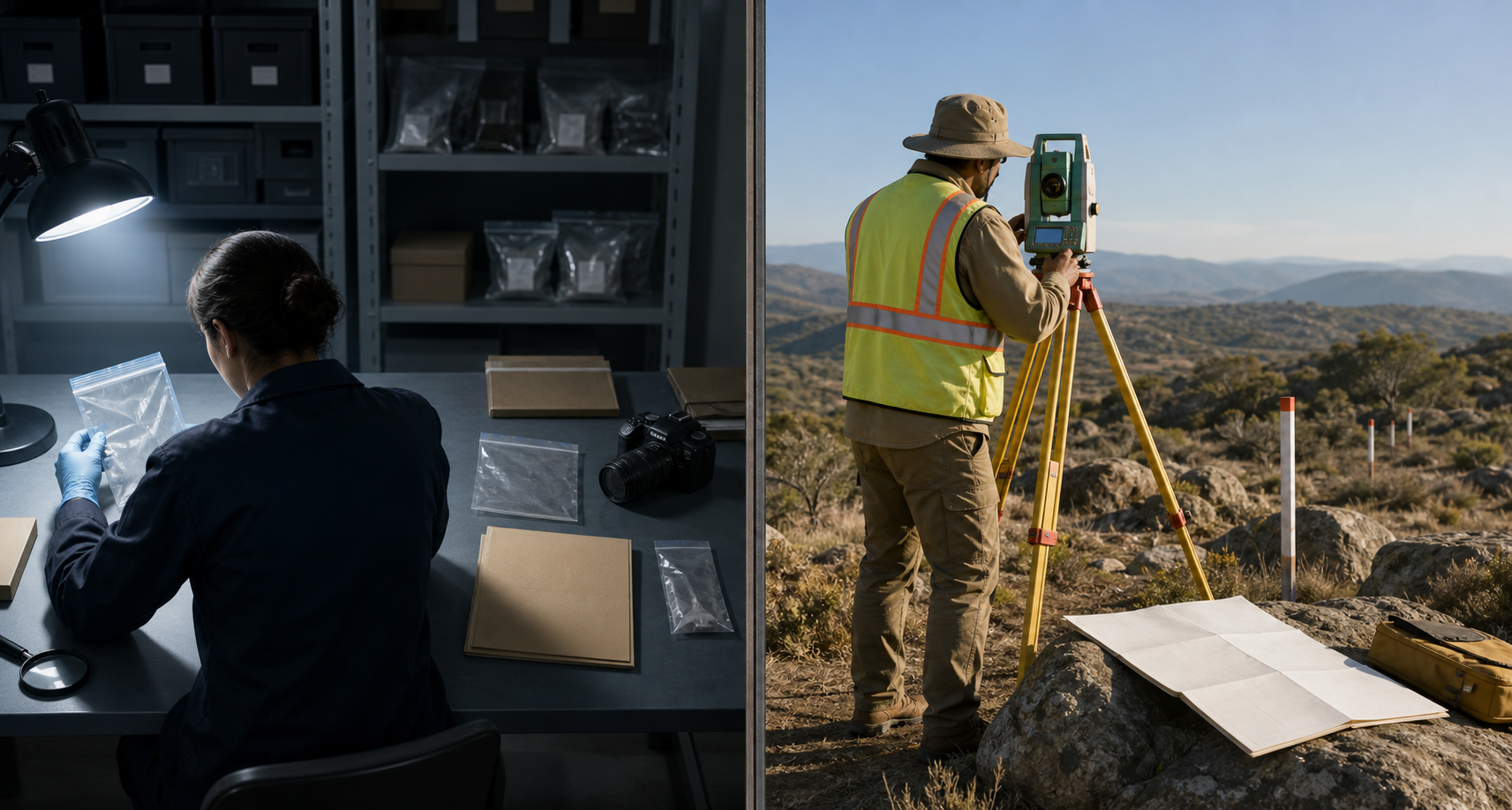 A split illustration shows a police investigator reviewing evidence indoors and a land surveyor measuring scrubland outdoors.