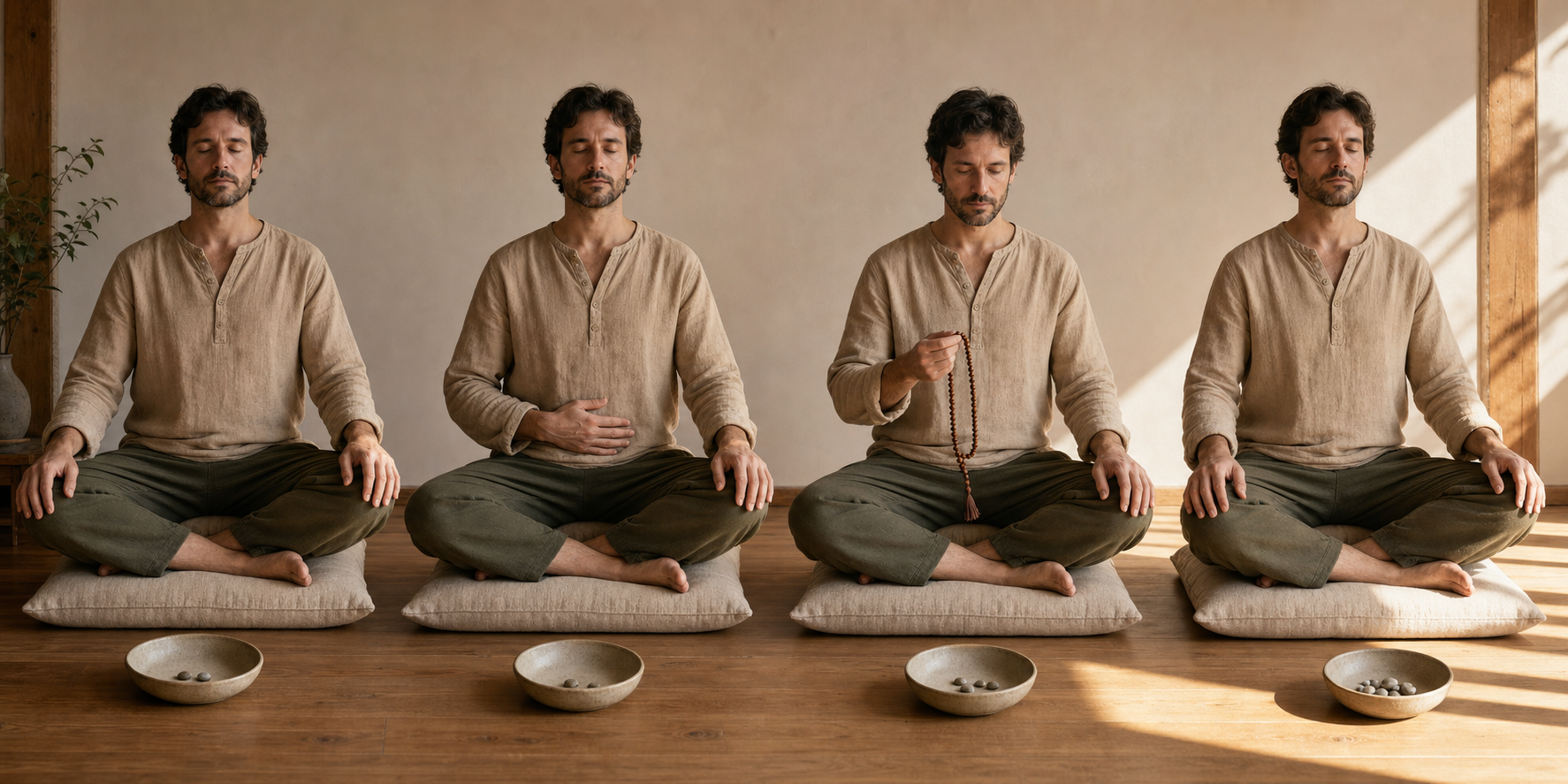 Four sequential views show the same person settling on a cushion, breathing, using a mala bead, and sitting quietly.