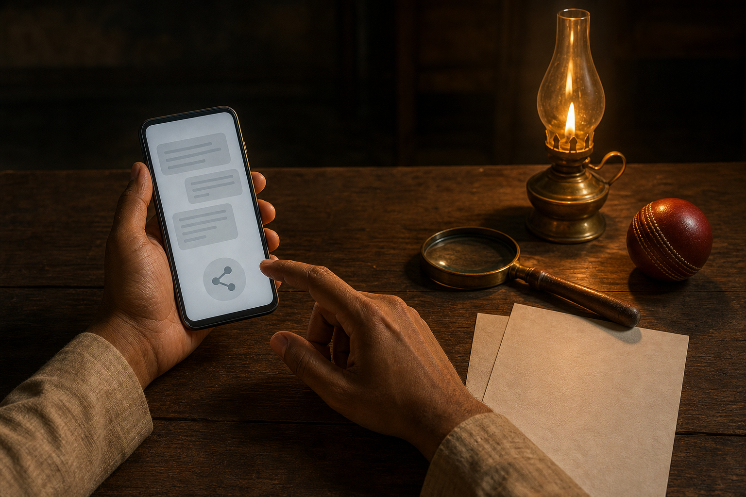 An anonymous person pauses over a smartphone beside blank source papers, a magnifying glass, a cricket ball and a glowing oil lamp.