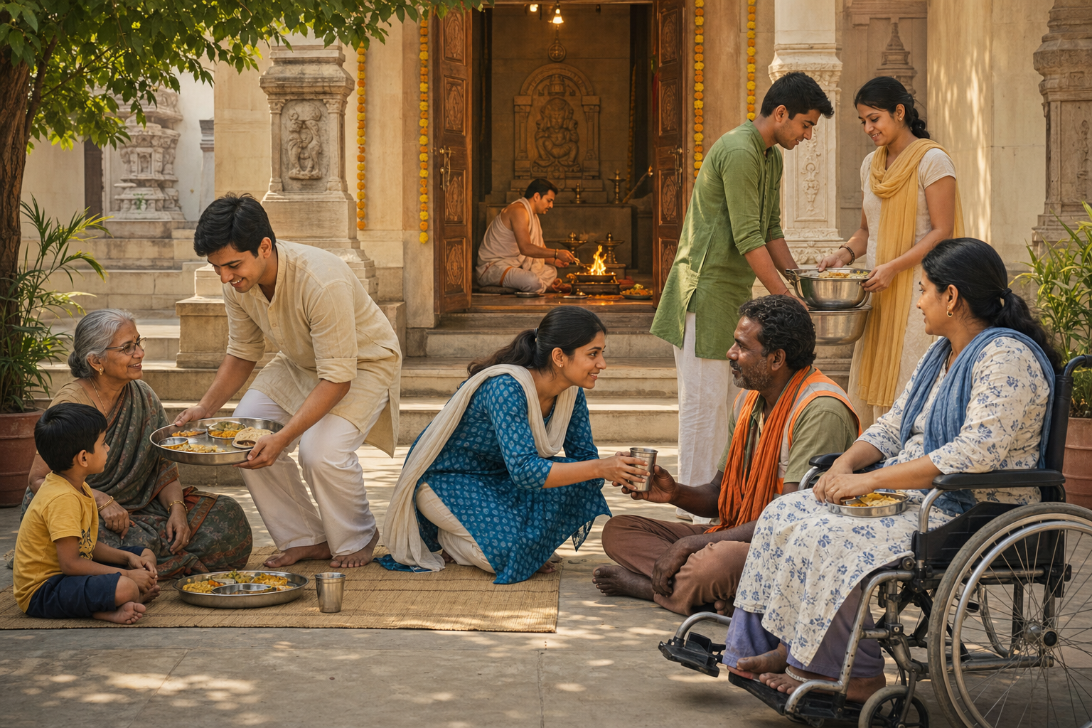 Temple volunteers serve a freshly prepared meal to seated guests while a havan concludes in the courtyard behind them.