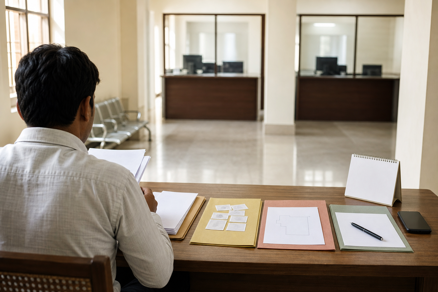 A resident organizes unmarked documents, photographs, and a simple parcel sketch before visiting public-service counters.