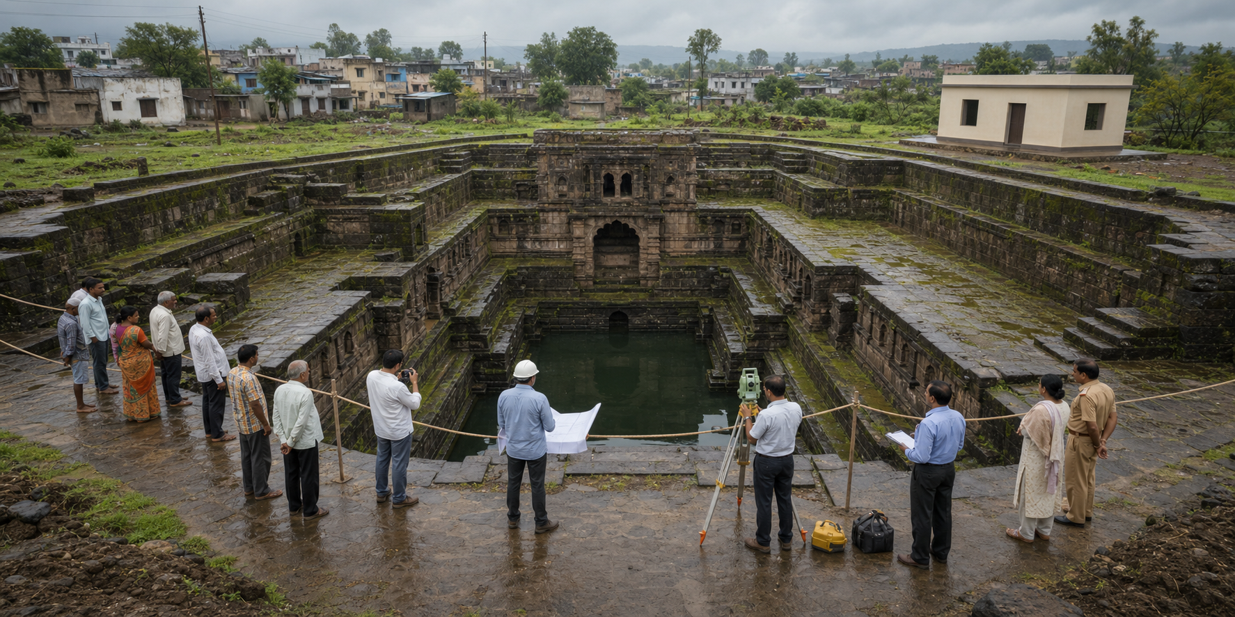 Residents and officials calmly inspect a weathered basalt stepwell beside a small neutral structure in a Maharashtra town.