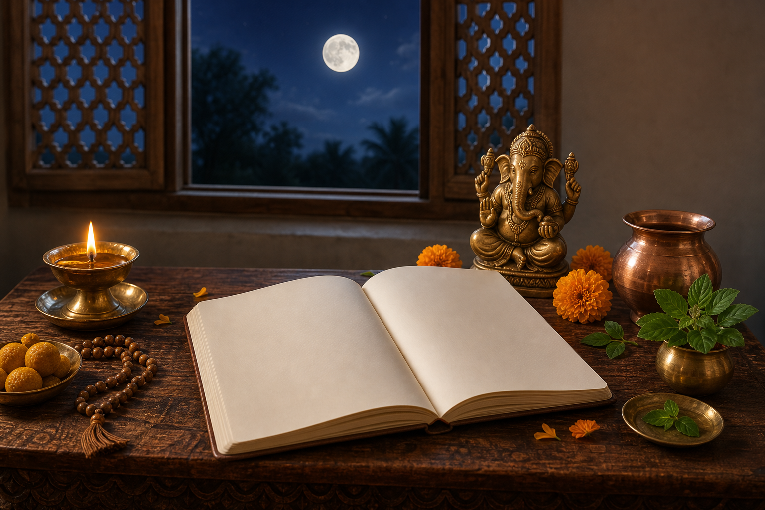 An unmarked planner lies beside a brass Ganesha figure, oil lamp, flowers, prayer beads, water vessel, and sweets, with a full moon visible through a window.