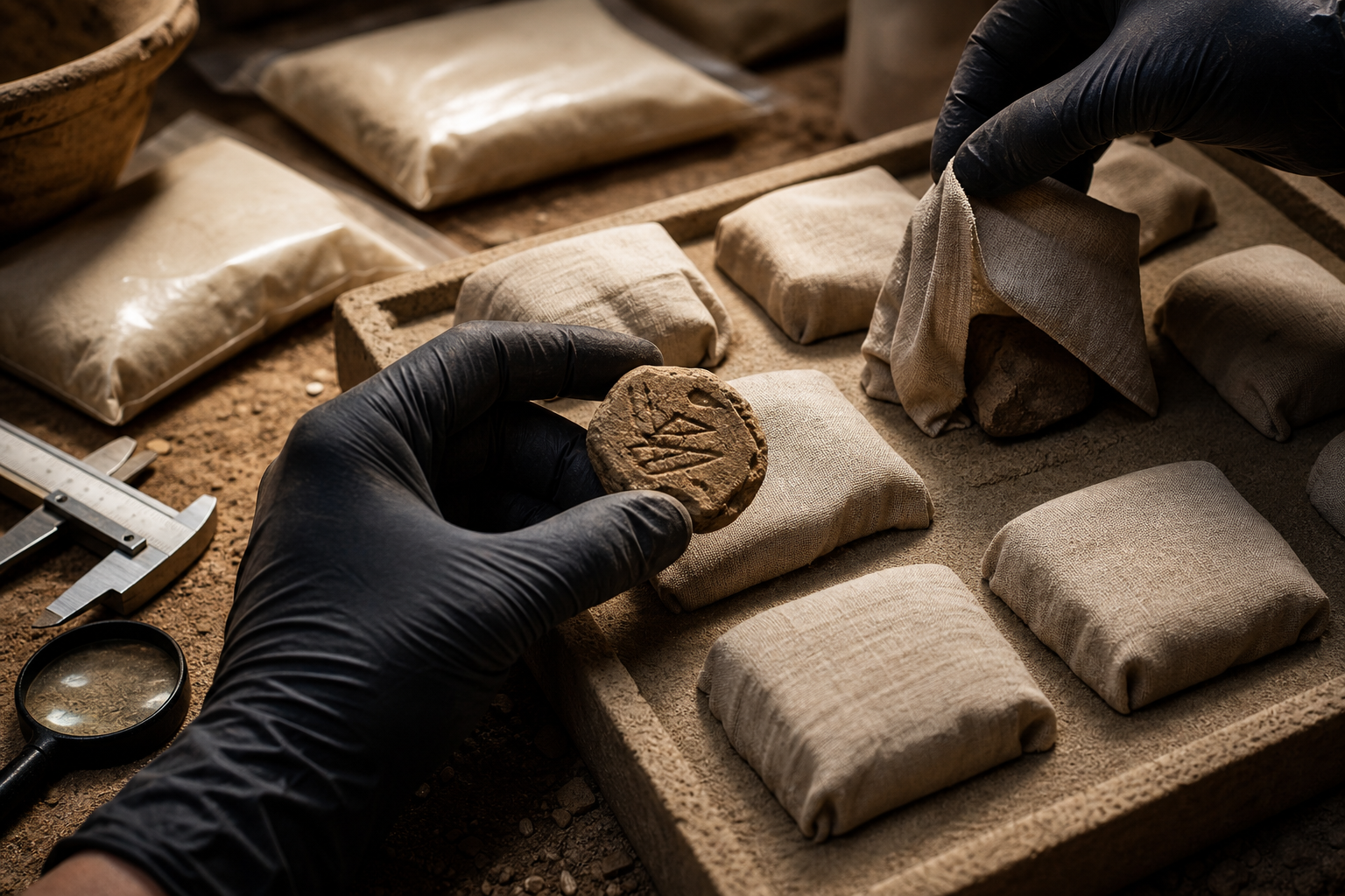 Gloved hands compare a newly uncovered seal impression with covered archaeological samples and measuring tools.
