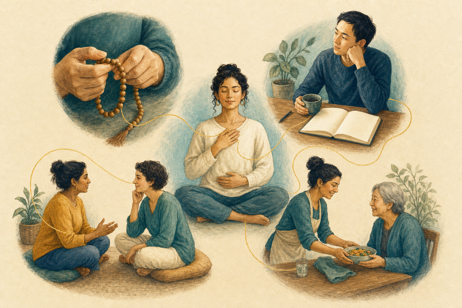 A circular illustration connects seated breathing with mala beads, quiet reflection, supportive conversation, and serving a meal to a neighbor.