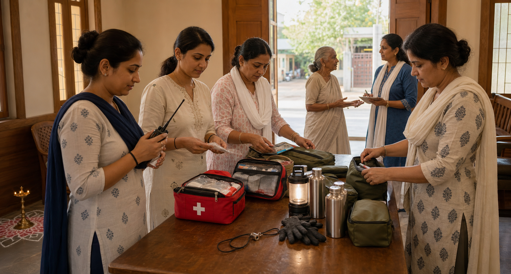 Women organize first-aid supplies, a radio, a lantern, water, and protective gloves on a table in a dharmic community hall.