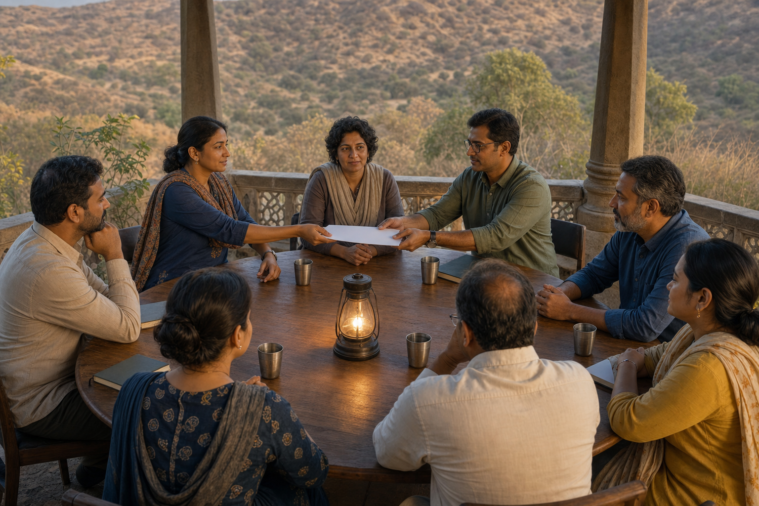 A diverse group of adults holds a calm discussion around a circular table in an open pavilion overlooking a hillside.