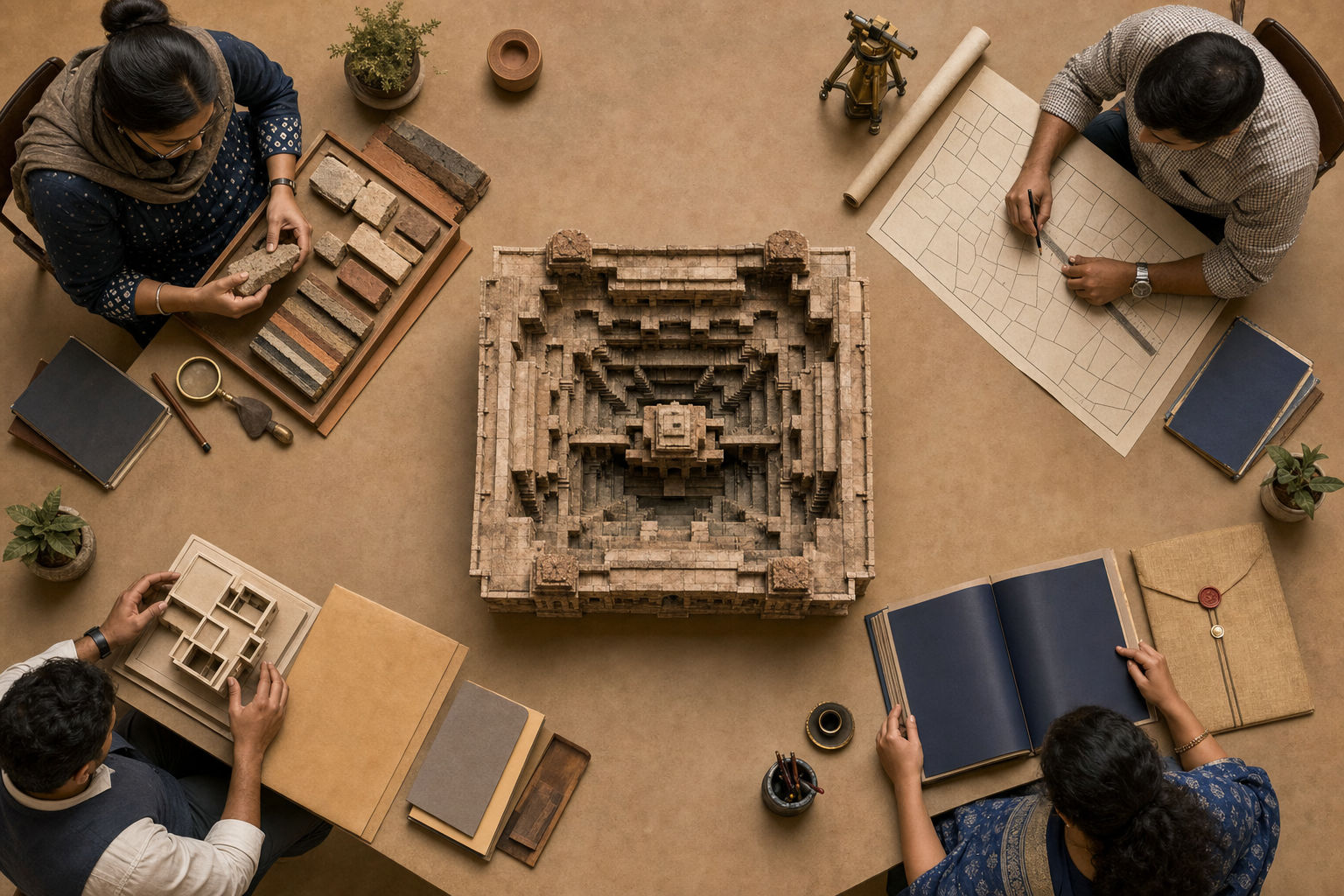 Four specialists examine architectural, land, planning, and registration evidence around a model of a stone stepwell.