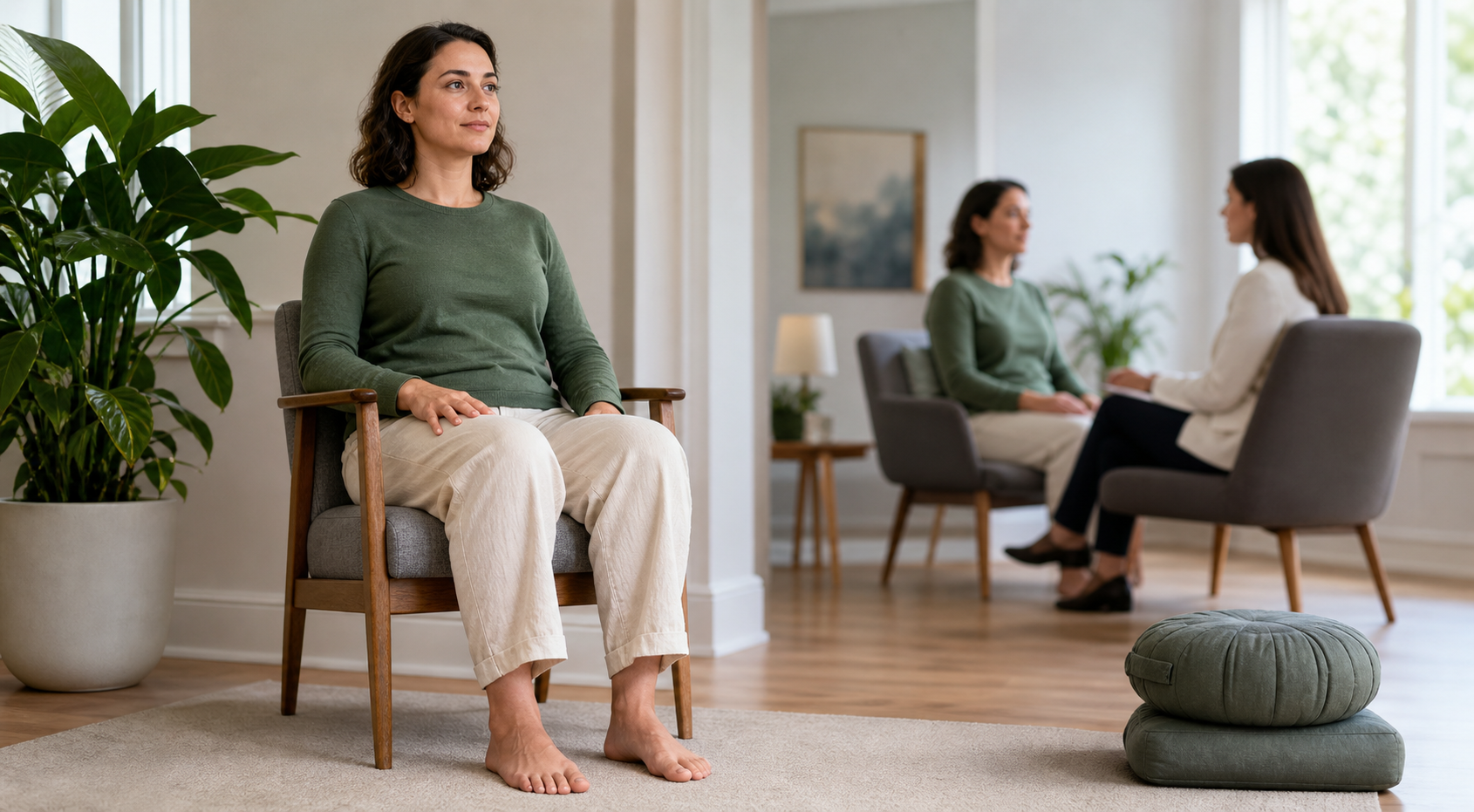 A person practices gentle seated breathing in a chair while a healthcare consultation is visible in the background.