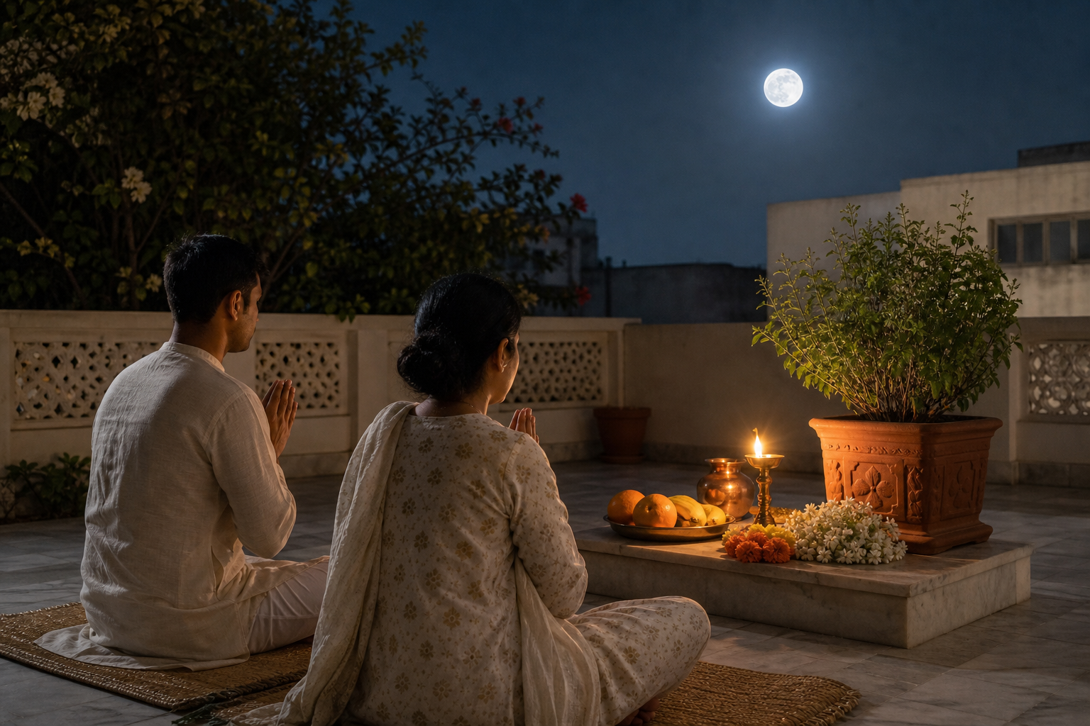 Two people pray beside a lamp, water vessel, fruit, flowers, and a sacred basil plant in a courtyard illuminated by the full moon.