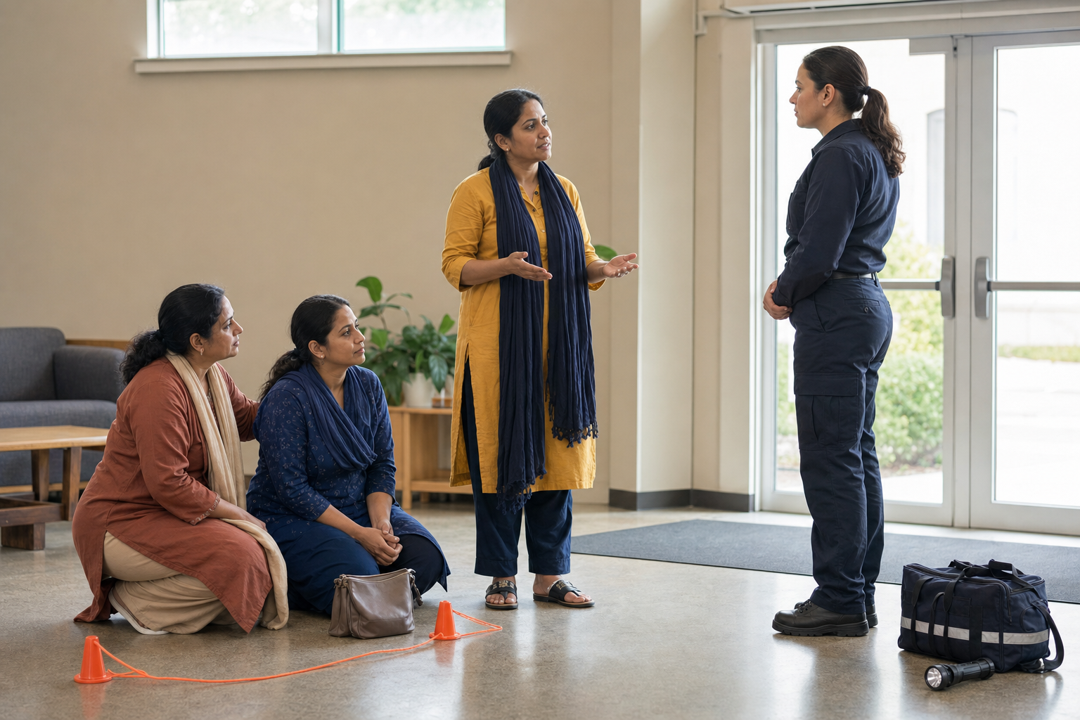 Women volunteers calmly transfer responsibility for a community incident to a female emergency responder at a community center entrance.