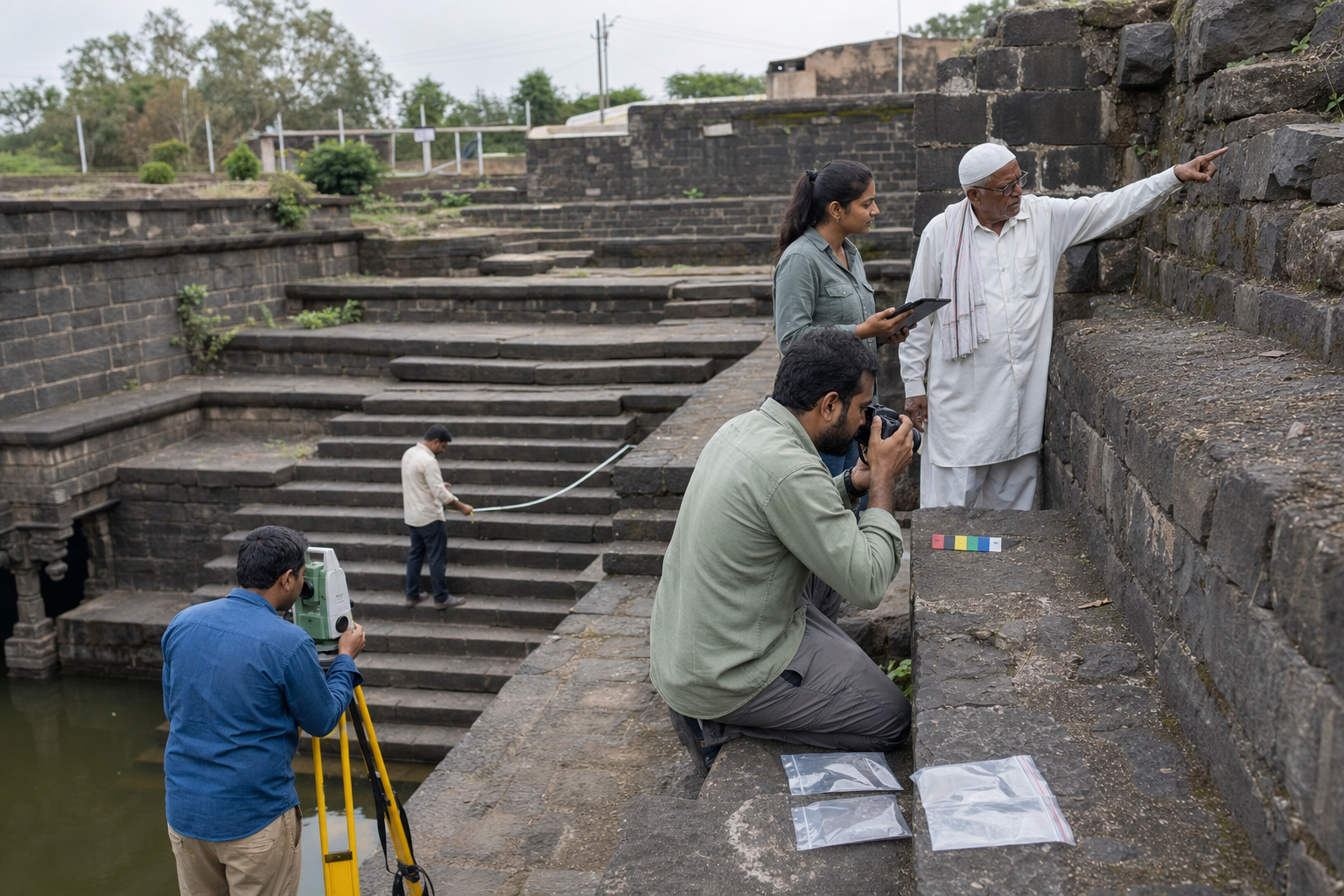 A conservation team photographs, measures, and surveys the weathered stonework of an old stepwell.