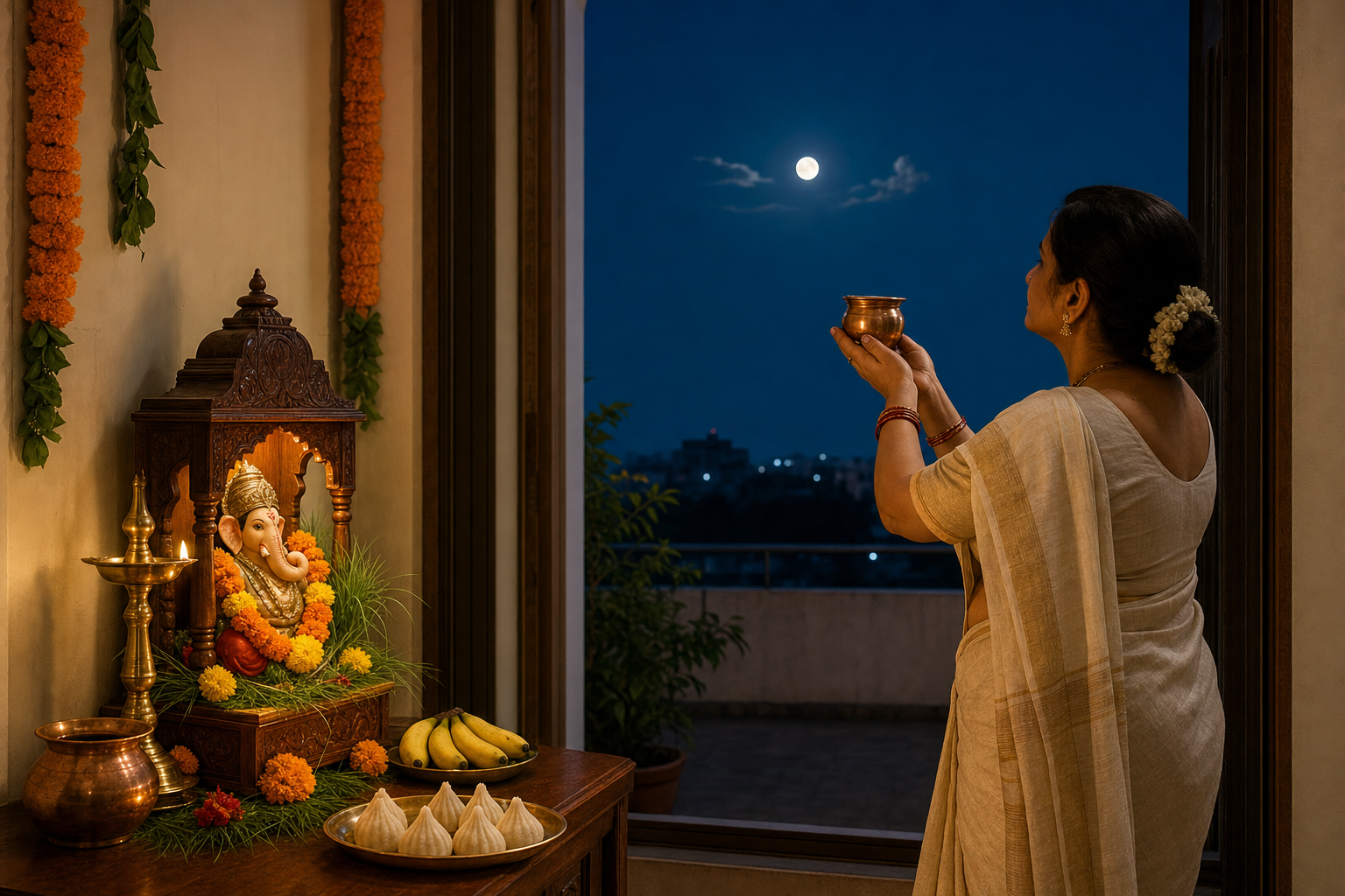 A devotee faces the rising moon beside a flower-decorated Ganesha shrine with a lamp, water vessel, durva grass, fruit, and modaks.
