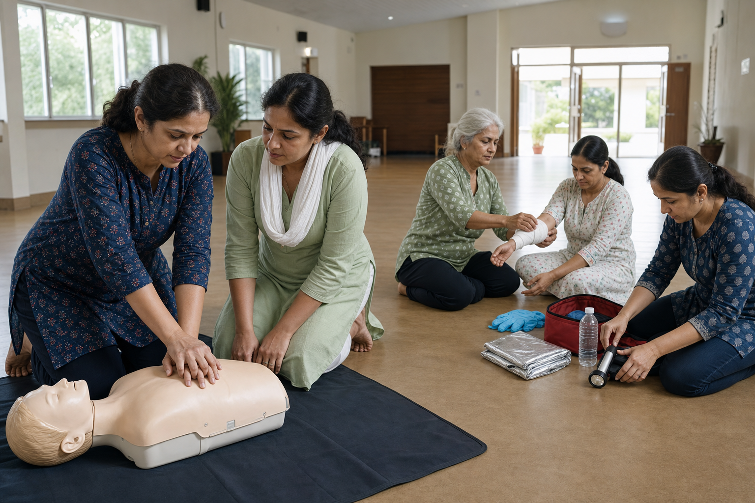 Women practice CPR, bandaging, and emergency supply preparation during a hands-on training session in a community hall.