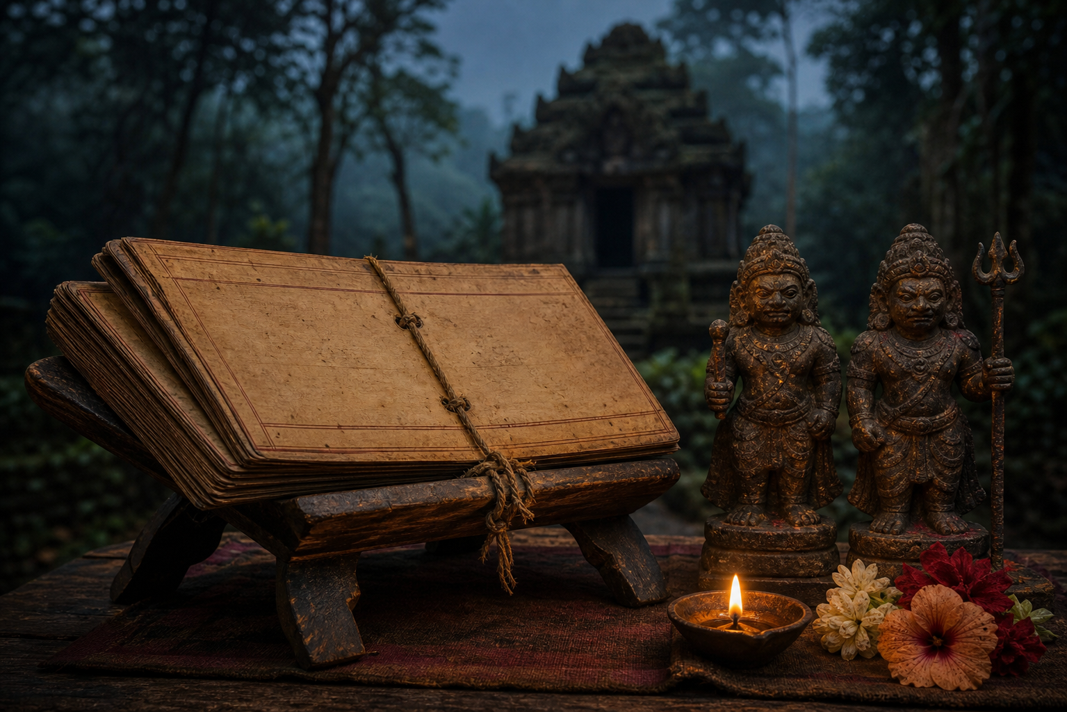 An uninscribed palm-leaf manuscript, oil lamp, flowers and two guardian figurines rest before a forest shrine at twilight.