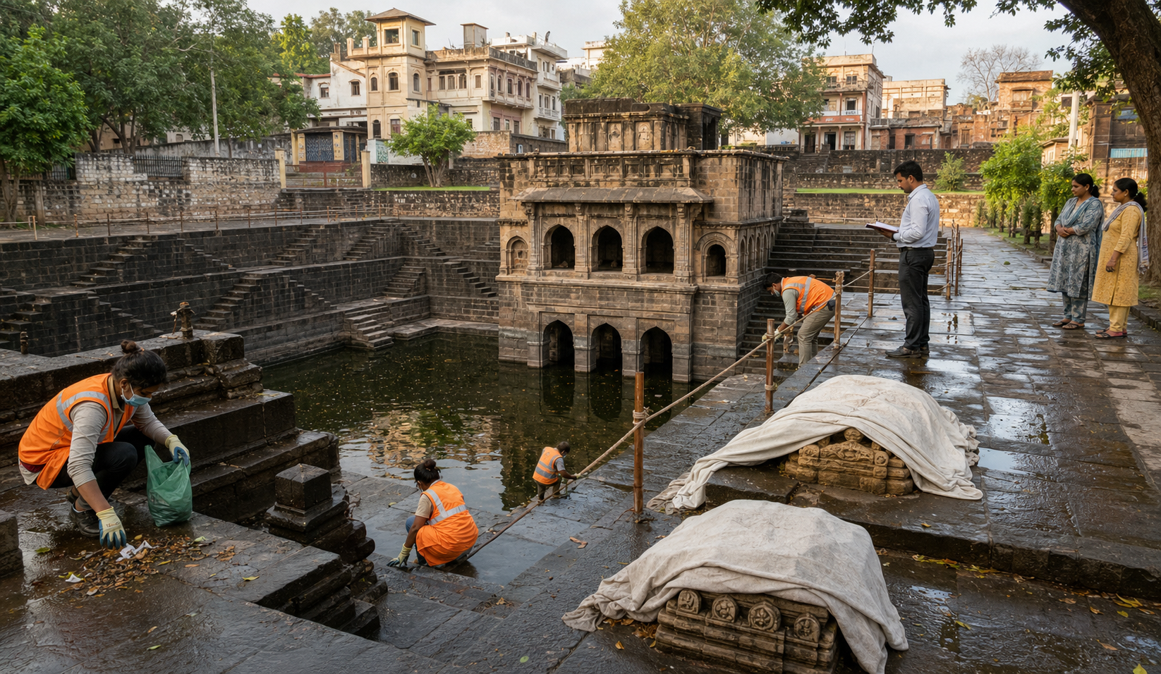 Conservation workers install reversible barriers and clear drainage around a weathered stone stepwell as community stewards observe.