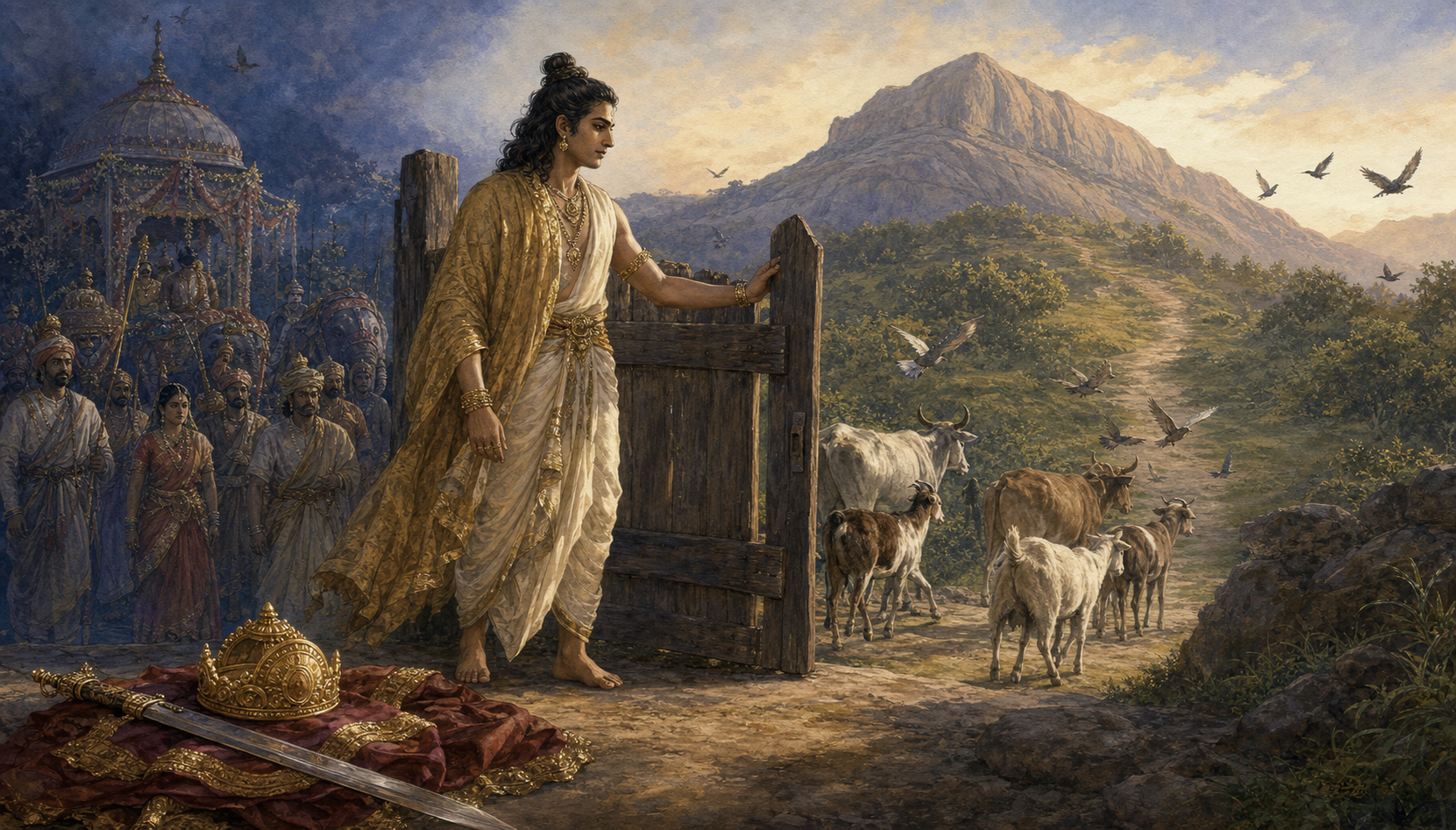 An ancient Indian royal seeker sets down a crown and sword while opening a wooden gate for animals beside a mountain road at dawn.