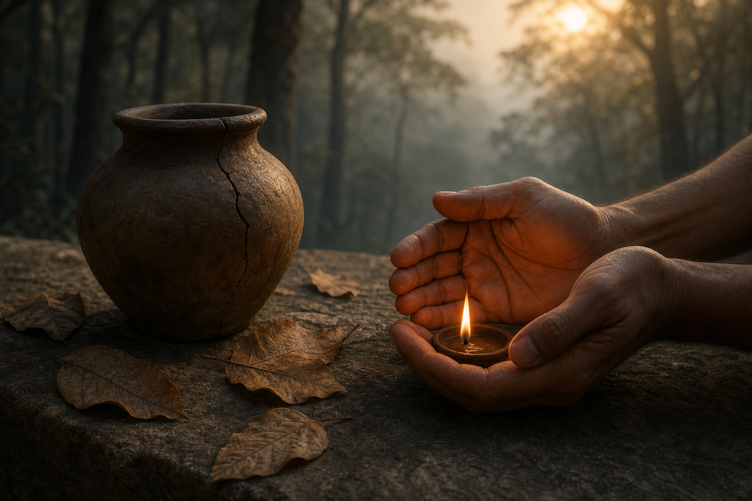 Cupped hands shelter a steady oil-lamp flame beside a cracked clay vessel and dry leaves on a stone ledge.