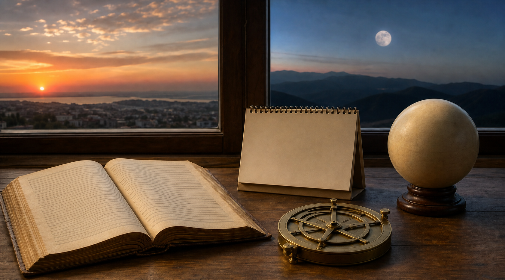 A blank almanac and calendar sit beside a brass astronomical instrument and an unmarked globe, with sunset and moonrise shown across two distant horizons.